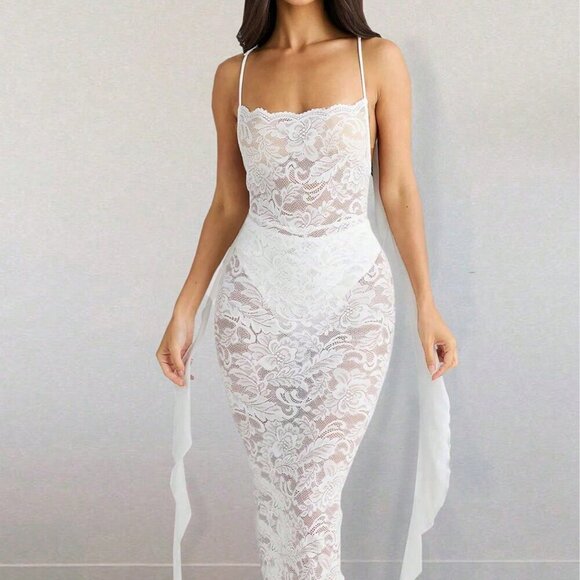 White Elegant Women's Lace Trim Smocked Floral Chiffon Ruffle Dress - Picture 1 of 5